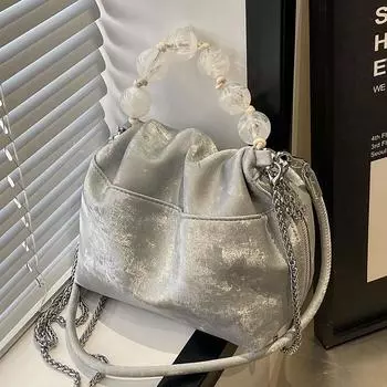 Новая женская сумка из китайского бисера 2024 года, новая летняя универсальная сумка-мессенджер с цепочкой, популярная сумка-ведро в этом году серебряный