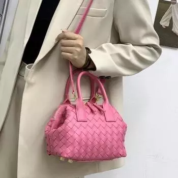 Новая женская сумка из натуральной кожи, мини-сумка для боулинга в стиле ретро, плетеная, ручная, на одно плечо, диагональная, с перекрестными краями 22x15x11cm коричневый