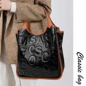 Новая женская сумка, модная и универсальная, с буквенным принтом, из коровьей кожи, с большой вместимостью, контрастного цвета, для поездок на работу, ручная, S