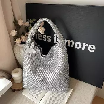 Новая женская сумка модная плетеная ручная большая сумка-шоппер сумка-тоут портативная сумка через плечо серебряный