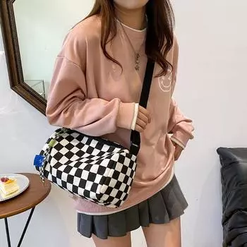 Новая женская сумка на плечо с шахматным узором, повседневная универсальная косая сумка, большая вместительная холщовая сумка для мобильного телефона чёрный