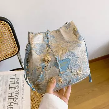 Новая женская сумка, новая, в китайском стиле, элегантная, с золотой шелковой вышивкой, жаккардовая, старинная, сумка-ведро, сумка-мессенджер через плечо с цепочкой розовый