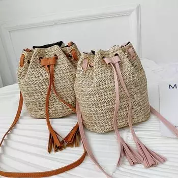 Новая женская сумка плетеная сумка-ведро соломенная сумка кисточка женская сумка через плечо диагональная розовый