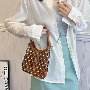 Новая женская сумка полая сумка в стиле панк сумка-ведро круглая заклепка трендовая маленькая сумка-мессенджер белый