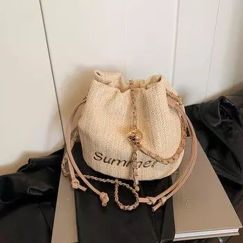 Новая женская сумка-ведро, модная, повседневная, универсальная, из плетеной травы и материала PU, в стиле отпуска