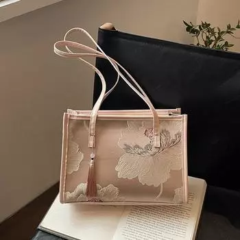 Новая женская сумка-ведро с кисточками в китайском стиле 2024 года, переносная сумка через плечо с вышивкой для поездок на работу розовый