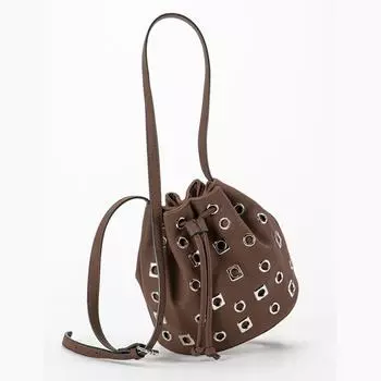 Новая женская сумка-ведро с заклепками, маленькая сумка-ведро из замши с заклепками, сумка-мессенджер в стиле панк, женская сумка-мессенджер темно-коричневого
