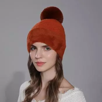 Новая женская теплая бархатная шапка из искусственного меха кролика с помпоном, мягкие шапочки, зимние женские милые шапки для девочек белый