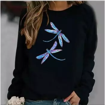 Новая женская толстовка с капюшоном European Dazzle Dragonfly Printed Crew-neck Hoodie Sweatshirt Streetwear Women Aesthetic S