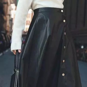 Новая женская юбка черная стильная ручной работы кожа натуральная овчина расклешенная модная S чёрный