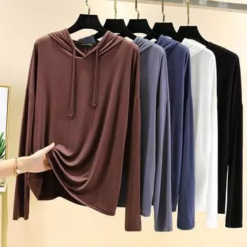 Новая женская весенне-осенняя футболка с длинными рукавами из модала, свитер большого размера с капюшоном, свободная рубашка, сплошной цвет, верхний цвет M