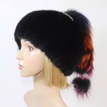 Новая женская вязаная шапка из натурального меха норки с лисьим хвостом, роскошная качественная шапка из натурального меха норки, женские зимние теплые шапки из 100% натурального меха норки Good elasticity 52cm-60cm чёрный