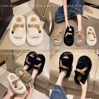 Новая женская замшевая швабра с бантом 2025 года с одним словом для ношения на улице пушистых тапочек, хлопковая швабра 5 см осенью и зимой 35 чёрный