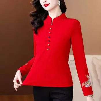 Новая женская зимняя бархатная утолщенная рубашка с внутренней отделкой в китайском стиле, застегивающаяся на пуговицы футболка с длинными рукавами M