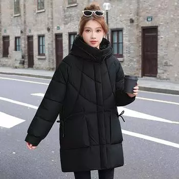 Новая женская зимняя хлопковая одежда большого размера, средней длины, корейская версия, тонкая и утепленная, с капюшоном L чёрный