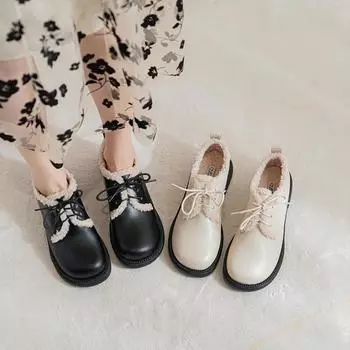 Новая женская зимняя кожаная обувь, плюшевые уличные ботинки, модные лоферы на шнуровке, оксфорды на низком каблуке, офисный женский стиль 35 чёрный