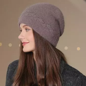 Новая женская зимняя шапка, модная шапка-бини с жемчугом, теплая зимняя шапка для женщин, повседневная уличная вязаная шапка 55cm-58cm темно-фиолетового