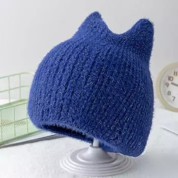 Новая женская зимняя шапка с милыми кошачьими ушками, двухслойная шапка с кроличьим мехом, стильная мягкая шапка-бини для женщин, теплая вязаная шапка для девочек 54cm-62cm синий