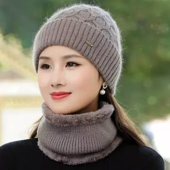 Новая женская зимняя шапка Сохраняющая тепло Мамина шапка Плюшевая меховая подкладка Теплый комплект Шапка для женщин Повседневная Вязаная шапка из кроличьего меха 55cm-60cm