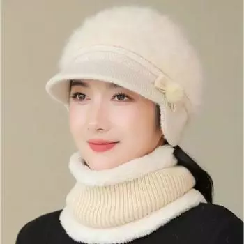 Новая женская зимняя шапка, сохраняющая тепло, шапка и шарф, вязаный костюм, модная шапка для женщин, повседневная вязаная шапка с цветочным узором 55cm-60cm бежевый