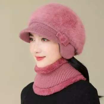Новая женская зимняя шапка, сохраняющая тепло, шапка и шарф, вязаный костюм, модная шапка для женщин, повседневная вязаная шапка с цветочным узором 55cm-60cm бежевый