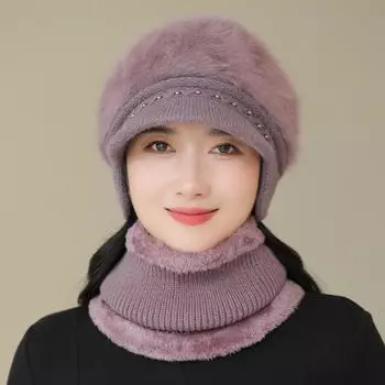 Новая женская зимняя шапка, сохраняющая тепло, шапка и шарф, вязаный костюм, модная шапка из меха кролика для женщин, повседневная вязаная шапка с цветочным узором 55cm-60cm бежевый