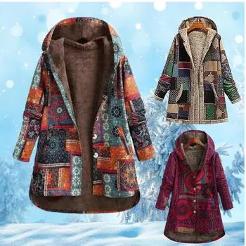 Новая женская зимняя теплая куртка с цветочным принтом и капюшоном, толстовка с капюшоном, винтажная куртка большого размера, зимняя стеганая куртка, винтажные пальто в стиле бохо S зелёный