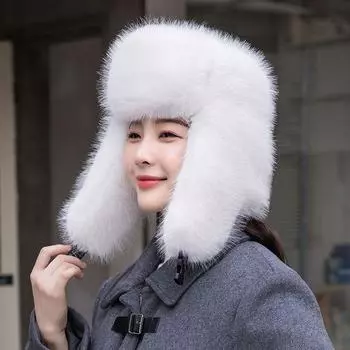 Новая женская зимняя велосипедная лыжная шапка, теплые наушники, утолщенная плюшевая шапка с ушками, женская качественная шапка из искусственного меха лисы, мягкая ветрозащитная шапка Adjustable 53cm-59cm белый