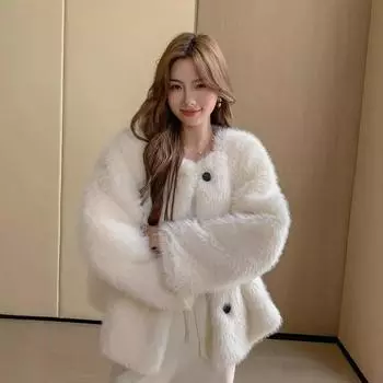 Новая зимняя бежевая шуба из меха лисы тока корейская женская с круглым вырезом и пуговицами модная S