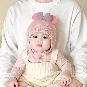 Новая зимняя детская шерстяная шапка для милой девочки с хлопковой подкладкой, утолщенный термоголовной убор, детская вязаная шапка с защитой от ушей Recommended 3-18 months (44-48cm)