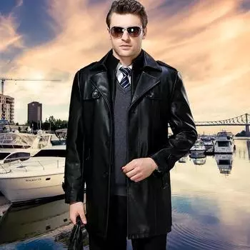 Новая зимняя дубленка для пап среднего и пожилого возраста, мужское пальто средней длины, костюмный воротник плюс флисовая кожаная куртка 170