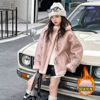 Новая зимняя флисовая куртка для девочек из толстой кожи, корейский универсальный теплый топ для девочек, модный 140cm хаки