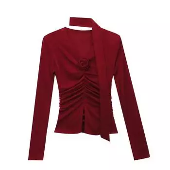 Новая зимняя французская футболка с V-образным вырезом и цветочным узором, футболка с длинными рукавами и разрезом, одежда для женщин M