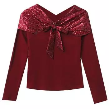 Новая зимняя футболка с V-образным вырезом и пайетками для женщин, с длинными рукавами и бантом, модная базовая рубашка M