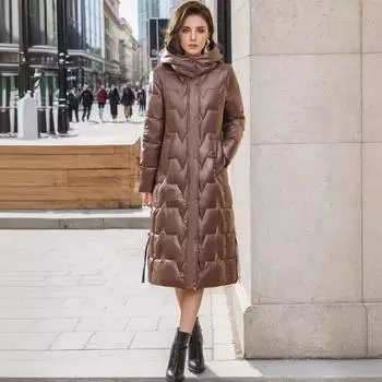Новая зимняя глянцевая утолщенная одежда до колена большого размера, женская модная теплая шапка, куртка M темно-коричневого