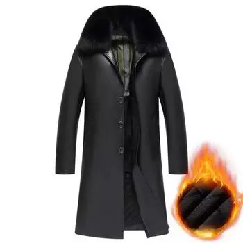 Новая зимняя кожаная куртка для мужчин среднего и пожилого возраста. Куртка для папы. Длинное бархатное и утолщенное повседневное кожаное пальто выше колена. M чёрный