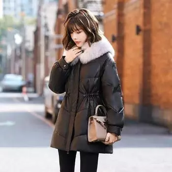 Новая зимняя кожаная куртка Haining, кожаная куртка, среднее и длинное пальто, женское утолщенное теплое пальто с талией, свободное и тонкое пальто, большой меховой воротник M 80-60kg or so чёрный