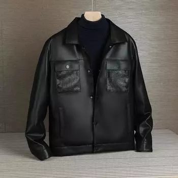 Новая зимняя кожаная куртка на пуху, мужская модная кожаная куртка из искусственной кожи с лацканами L чёрный