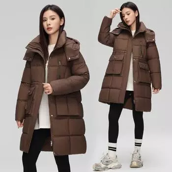 Новая зимняя куртка 2024 года с утолщенным пухом для женщин с капюшоном средней и длинной свободной утепленной длины M