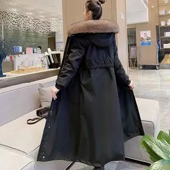 Новая зимняя куртка для мам, утолщенная парка из искусственного меха со съемной подкладкой и модель длиной до колена M чёрный