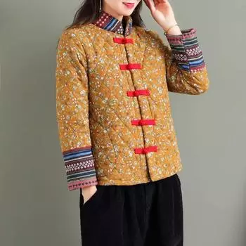 Новая зимняя куртка и пальто с хлопковой подкладкой в стиле ретро с цветочным принтом, теплые утепленные парки в народном стиле XL