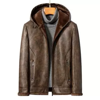 Новая зимняя куртка из натуральной кожи, мужская куртка из телячьей кожи, бархатная утолщенная куртка для папы, кожаная куртка с капюшоном для мужчин M чёрный
