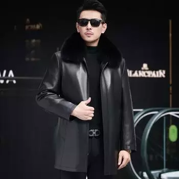 Новая зимняя куртка из натуральной кожи для мужчин, повседневная куртка из кожи среднего возраста, с лацканами, бархатная и утолщенная куртка M