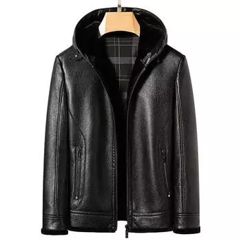 Новая зимняя куртка из натуральной кожи, мужская куртка из телячьей кожи, бархатная утолщенная куртка для папы, кожаная куртка с капюшоном для мужчин