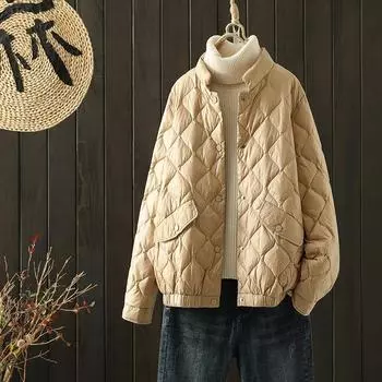Новая зимняя куртка-пуховик Literature and Art 2024, небольшой воротник-стойка, однотонная белая короткая куртка на утином пуху, женская повседневная легкая тенденция S хаки