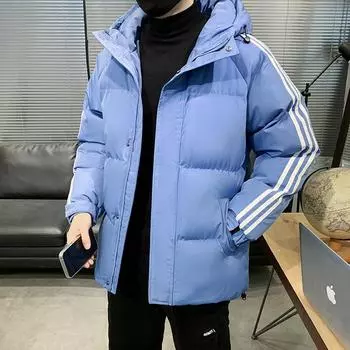 Новая зимняя куртка с хлопковой подкладкой для мужчин, с капюшоном, тремя полосками, свободная и модная, в корейском стиле, теплая и утолщенная куртка с хлопковой подкладкой S