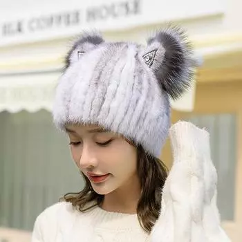 Новая зимняя модная шапка из натурального меха норки с кошачьими ушками для девочек, роскошная теплая шапка из натурального меха норки для женщин, толстая шапка из 100% натурального меха норки Good elasticity 52cm-60cm чёрный