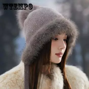 Новая зимняя модная шерстяная шапка для женщин, плюшевая и утолщенная для защиты от холода, милая и симпатичная теплая холодная шапка с защитой ушей, подходит для использования на открытом воздухе One size чёрный