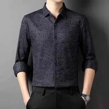 Новая зимняя мужская бархатная рубашка с модным принтом, свободная утолщенная теплая повседневная рубашка для пап среднего возраста M чёрный