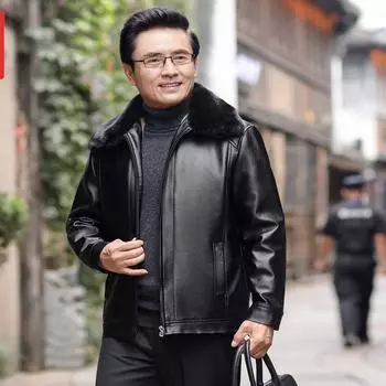 Новая зимняя мужская куртка из искусственной кожи для среднего и пожилого возраста с плюшевым воротником и встроенной напольной подставкой на меху XXXXL